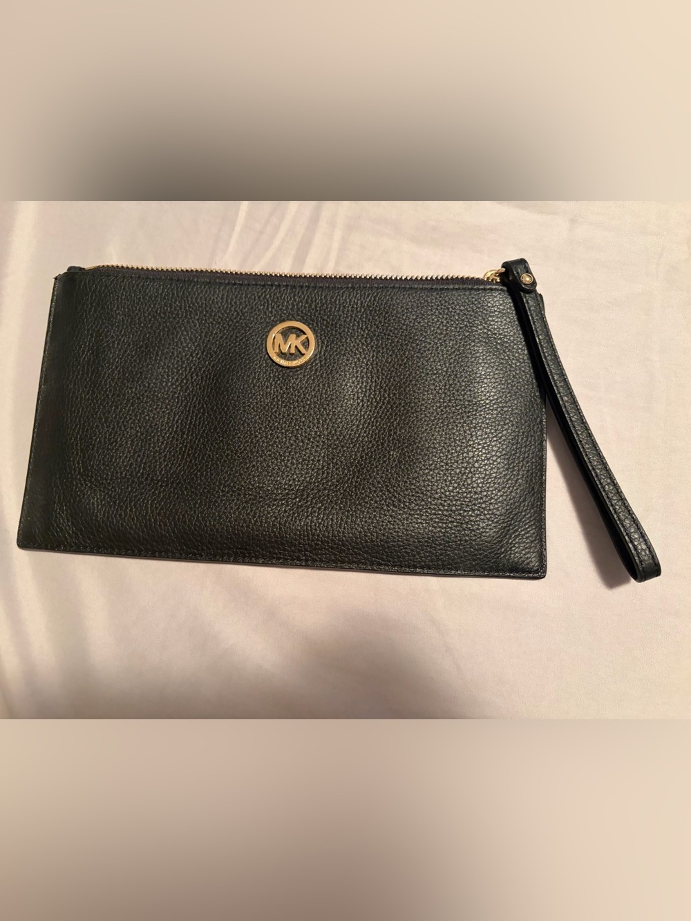 Michael Kors Black Pebbled Leather Wristlet with Gold Hardware